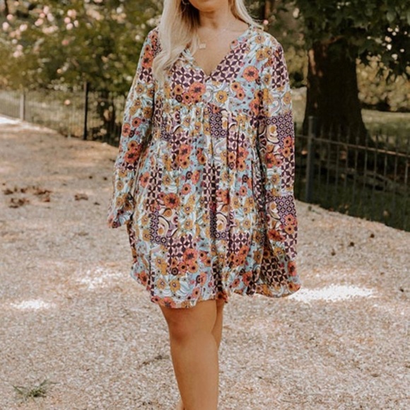 New Multicolor Boho Floral Pattern Babydoll Dress Size 3X - Picture 7 of 12